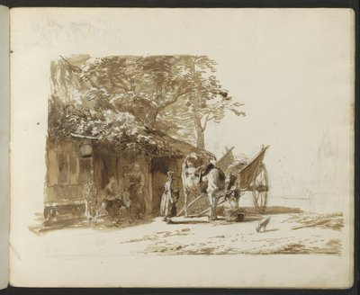 Chariot à bœufs et personnages dans une rue de village - Anonymous