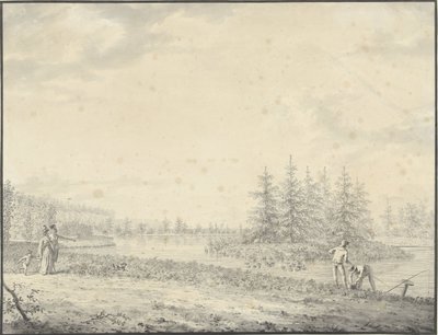 Paysage de parc avec promeneurs et pêcheurs - Anonymous