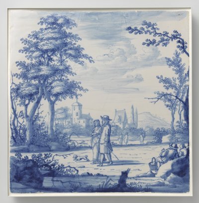 Plaque peinte avec paysage et figures - Anonymous