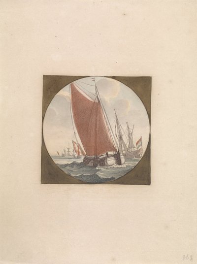 Bateau à fond plat avec voiles pleines - Anonymous