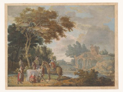 Voyageurs et paysans dans un paysage avec des ruines antiques - Anonymous