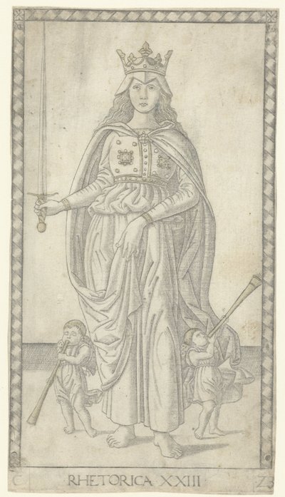 Rhétorique avec épée et deux petits anges avec trompettes (Rhetorica) (Tarocchi) - Anonymous