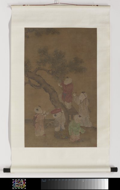 Peinture murale avec une représentation de cinq garçons cueillant des kakis - Anonymous