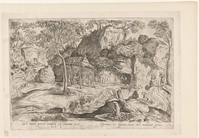Paysage rocheux avec toit sur pilotis et lion à droite (série Landschappen naar Domenico Campagnola) - Anonymous