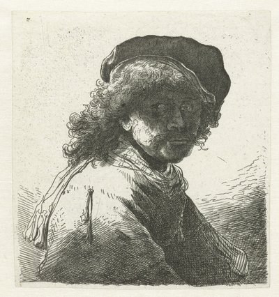 Autoportrait avec un bonnet et une écharpe, visage sombre : buste - Anonymous