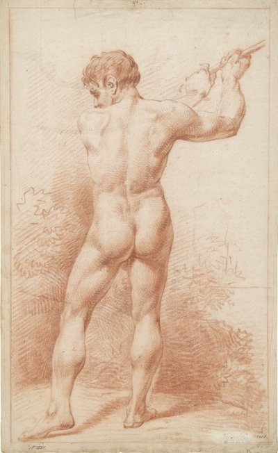 Homme nu debout, brandissant une hache, vu de dos - Anonymous
