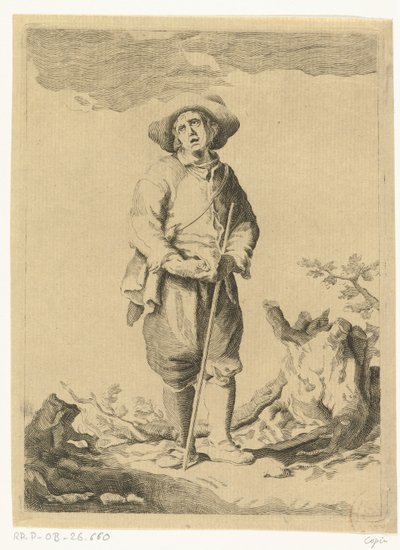 Homme debout avec bâton dans le paysage - Anonymous