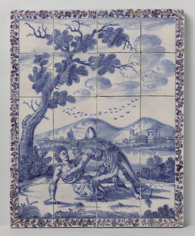 Tableau de carreaux avec un paysage bleu et une scène mythologique: Hercule et Achélous - Anonymous