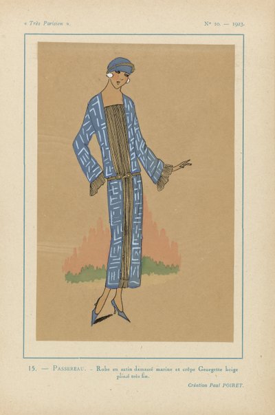Très Parisien, 1923, No 10: 15.- PASSEREAU. - Robe en satin damassé - Anonymous