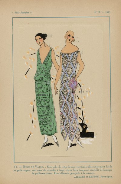Très Parisien, 1923, No 8: 11.- RÊVE DE VALSE. - Une robe de crêpe de soie... - Anonymous