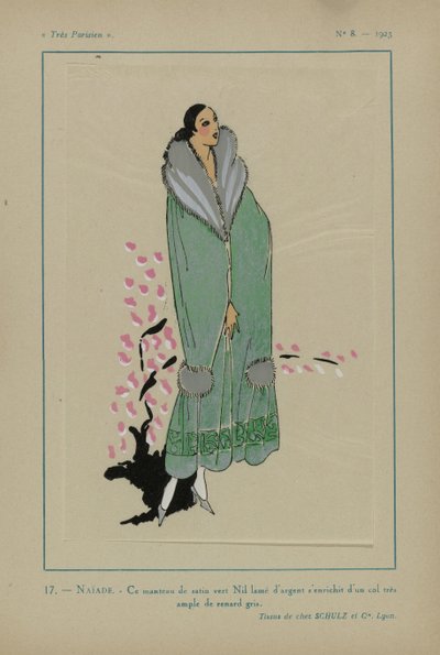 Très Parisien, 1923, No 8: 17.- NAÏADE. - Ce manteau de satin vert Nil... - Anonymous