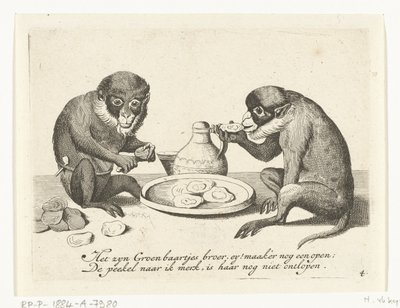 Deux singes mangeant des huîtres (Diverses scènes de la vie humaine présentées par des singes) - Anonymous