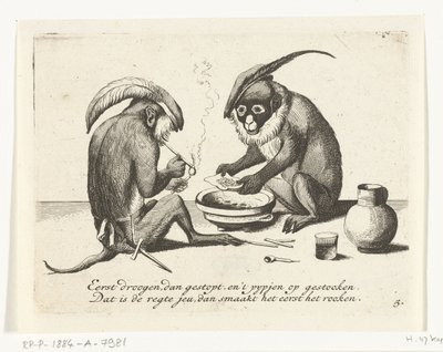 Deux singes fumant une pipe (Verschillende bedrijven uit het menselijke leven door apen voorgesteld) - Anonymous