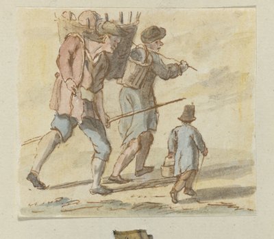 Deux hommes marchant avec un panier sur le dos et un enfant avec un panier à la main - Anonymous