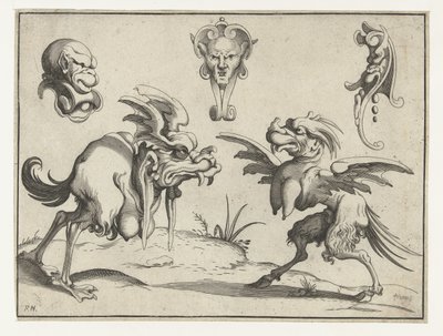 Deux monstres avec trois masques au-dessus (série Figures grotesques entourées d