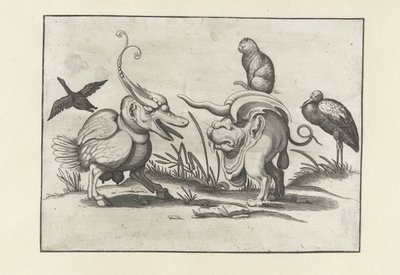 Deux monstres avec chat, oie et cigogne - Anonymous