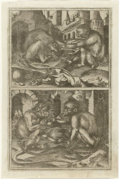 Deux scènes avec deux singes enchaînés entre des ruines - Anonymous