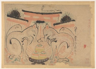 Deux renards devant les torii du sanctuaire Inari Jinja - Anonymous