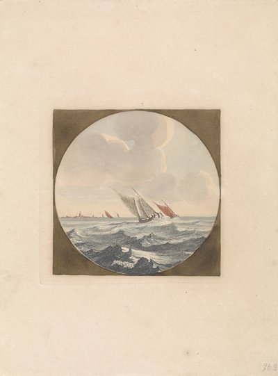 Deux voiliers en mer et une ville sur la côte (Navires en mer, série B) - Anonymous