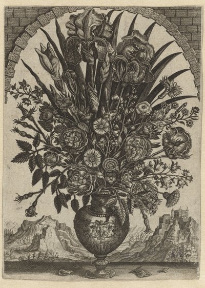 Vase avec des fleurs dans une fenêtre en arc - Anonymous