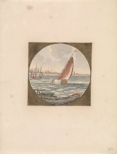 Voilier en mer et une chaloupe au premier plan Navires en mer (série B) (titre de la série) - Anonymous
