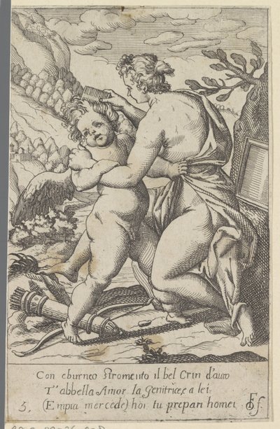 Vénus peigne ses cheveux avec Amour - Anonymous