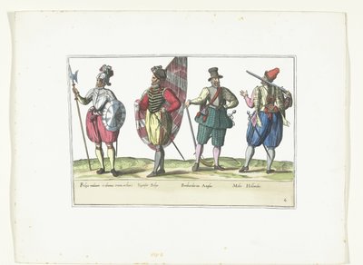 Quatre militaires en uniformes selon la mode aux Pays-Bas et en Angleterre, vers 1580 (Costumes militaires des Pays-Bas) - Anonymous