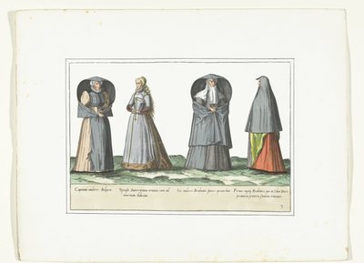 Quatre femmes habillées selon la mode à Anvers, Brabant et 