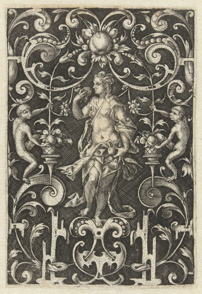 Décoration plate avec le Goût (Personnifications des cinq sens, entourées de grotesques avec des animaux et des fruits) - Anonymous