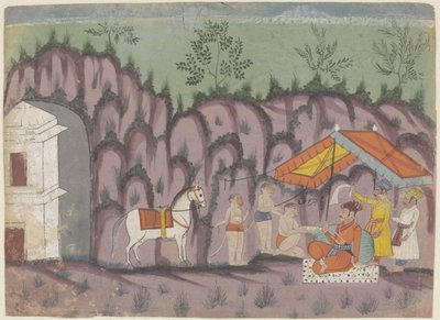 Prince avec cheval blanc sous une tente dans un paysage rocheux - Anonymous