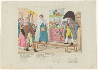 Femme montrant des estampes sur une place - Anonymous
