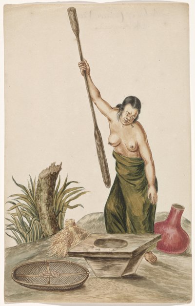 Femme avec pilon à riz, bloc de riz, tamis et cruche - Anonymous