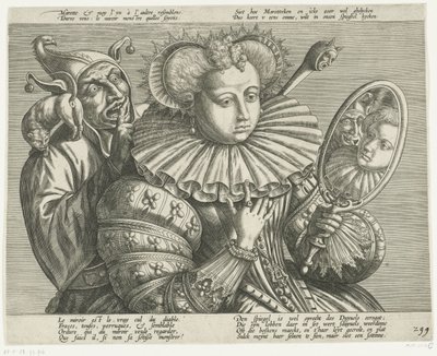 Femme avec un miroir et un bouffon : caricature du col raide coûteux, vers 1600 - Anonymous