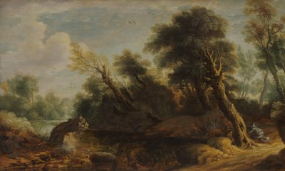 Paysage boisé avec un chasseur au bord d