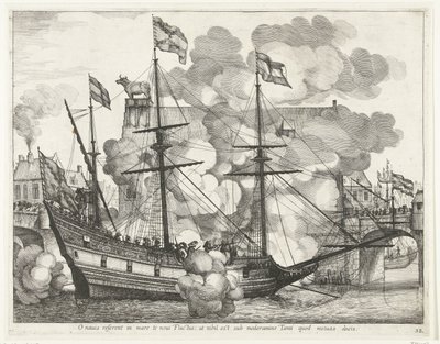 Navire à voile, vers la droite; entrée de Ferdinand à Gand en 1635 - Anonymous