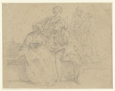 Couple assis et debout en conversation - Anonymous