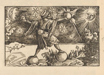 Soleil et lune et un homme équilibrant les quatre éléments - Anonymous