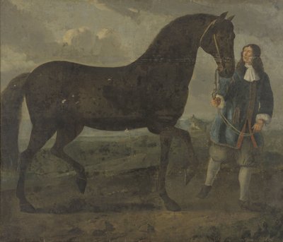 Cheval noir conduit par un palefrenier - Anonymous
