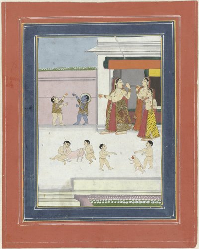 Trois femmes et enfants jouant avec Krishna - Anonymous