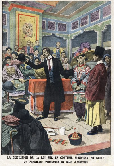 Séance de discussion au parlement chinois sur la nouvelle loi sur les vêtements européens en Chine, un des parlementaires présente un costume occidental, avec haut-de-forme et melon - Anonymous Anonymous