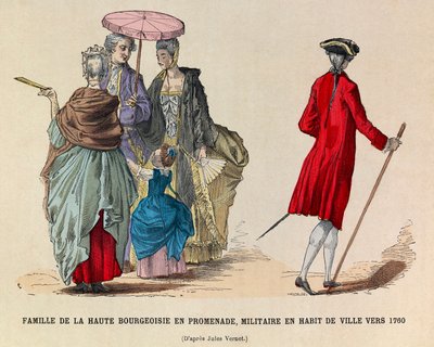 Une famille de haute bourgeoisie en promenade et un soldat en tenue de ville en 1760 (règne du roi Louis XV) - Anonymous Anonymous