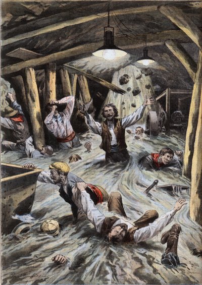 Une rivière envahit le tunnel de Loetschberg en Suisse pendant la construction - Gravure tirée du journal « Le Petit Parisien », 9/08/1908 - Collection privée - Anonymous Anonymous