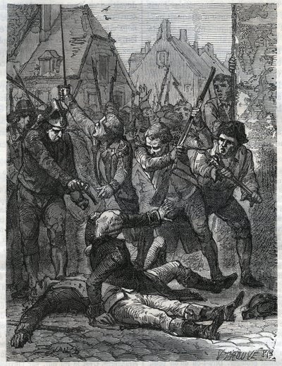 Une scène pendant la période de la Révolution française : Théobald de Dillon (1745-1792) et un officier génie nommé Berthois, massacrés par les soldats et les habitants de Lille, qui les accusaient de trahison. Gravure de 1866 dans « Histoire de la Révolut - Anonymous Anonymous
