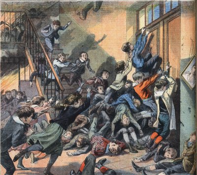 Une école brûlée à Cleveland (États-Unis). Gravure du journal « Le Petit Parisien », 22/03/1908. Collection privée. - Anonymous Anonymous