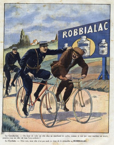 Publicité pour la peinture Robbialac : des policiers accusent un cycliste de voler son vélo car il semble neuf grâce à la peinture Robbialac. Gravure dans « Le petit journal illustré » - Anonymous Anonymous