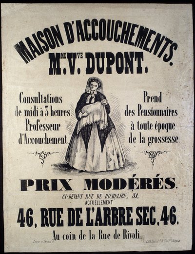 Publicité pour une maison de naissance (maternité) à Paris en 1850. Madame Dupont, bas prix au 46 rue de l