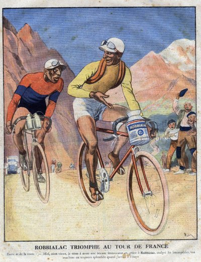 Publicité pour la peinture Robbialac : « Robbialac triomphe au Tour de France ». Un cycliste vante les mérites de la peinture Robbialac pour son vélo. Gravure. Une de « Le Petit Journal Illustré » - Anonymous Anonymous