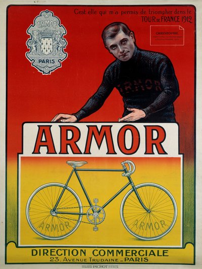 Affiche publicitaire pour le vélo « Armor » avec le cycliste Eugène Christophe (1885-1970), vainqueur de 3 étapes et 2e du classement général du Tour de France de 1912 : « C