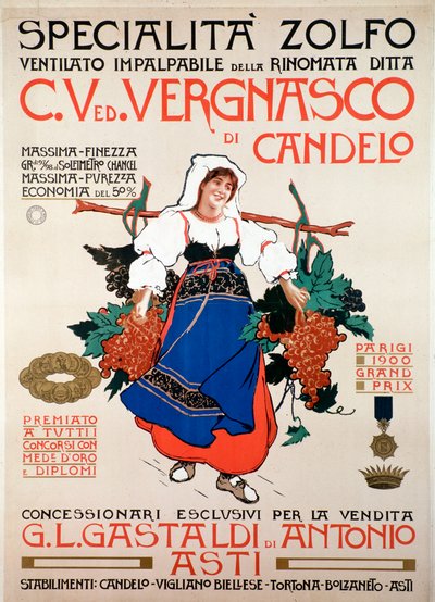 Affiche publicitaire pour le fongicide soufre tamisé produit par la société italienne Vergnasco Candelo, 20e siècle - Anonymous Anonymous