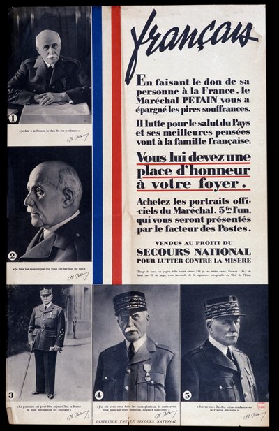 Affiche publicitaire pour la vente de portraits du maréchal Philippe Pétain pendant la Seconde Guerre mondiale et louant Pétain (vendu au profit du secours national pour lutter contre la pauvreté) - Anonymous Anonymous